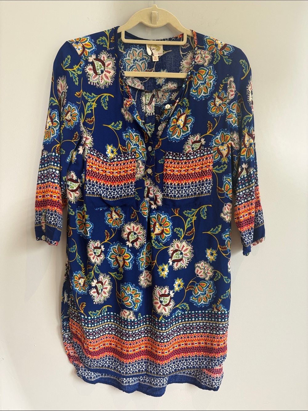 fig and flower Navy Floral Border Print Tunic with Orange Accents